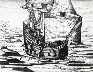 Navio de William Barents (ca. 1550-1597) durante terceira expedição holandesa em busca da Passagem do Nordeste, por Theodor de Bry (1528-1598), gravando de Theodore de Bry