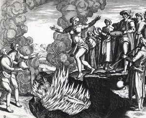 Mulher atirando-se na pira do marido, por Theodor de Bry (1528-1598), gravando de Theodore de Bry