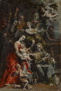A Sagrada Família com Santa Ana, outros santos e anjos (óleo sobre papel sobre painel) de Theodore van Loon
