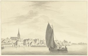A vila de Gouderak com um veleiro em primeiro plano de Theodorus Cornelis Schutter