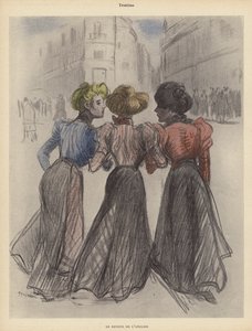 Três mulheres andando pela rua (cor litho) de Theophile Alexandre (after) Steinlen