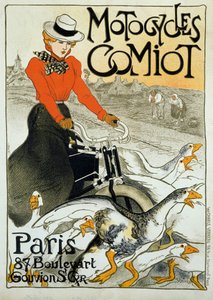 Cartaz publicitário para motocicletas Comiot. Uma jovem mulher em rolos de ciclomotores entre um grupo de gansos. Cartaz de Theophile Alexandre Steinlen (1859-1923). 1899. Paris, artes decorativas. de Théophile Alexandre Steinlen