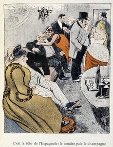 Filles et Marlous: É a festa dos espanhóis: o notário paga o champanhe - em "Dans la vie", de Steinlen 1901 (mesmo desenho do nº 27695) de Théophile Alexandre Steinlen