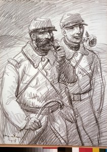Primeira Guerra Mundial: "Os Cabeludos em 1915", soldados franceses. Desenho de Theophile Alexandre Steinlen (1859-1923) de Théophile Alexandre Steinlen