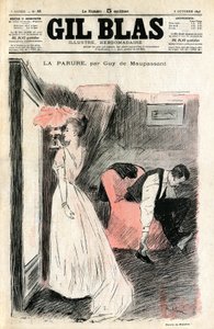 Ilustração por Steinlen do conto de Guy de Maupassant "The Parure". Madame Loisel se olha no espelho enquanto seu marido tira os sapatos. Ela descobre que perdeu o colar (rio de diamantes) que lhe foi emprestado pela sua amiga Madame Fores