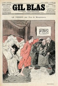 Ilustração por Steinlen do conto de Guy de Maupassant "A fechadura". Casal de Ilegitime apanhado em ebats de amor - Adultere, surpresa. Capa de Gil Blas No. 4, 22 de janeiro de Théophile Alexandre Steinlen