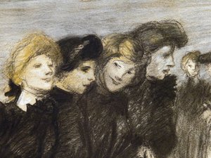 A saída das midinettes (detalhe) (antes de 1907). Teófilo Alexandre Steinlen (1859-1923). Carvão e pastel sobre papel. Musée des Beaux-Arts de la Ville de Paris, PeuPalais. de Théophile Alexandre Steinlen