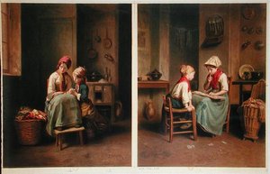 The Lesson and The Card Game, impresso em 1858 (cor litho) de Theophile Emmanuel (after) Duverger