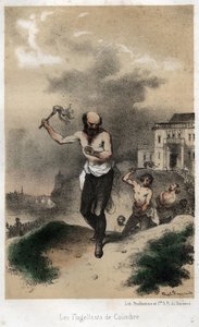 Os flagelantes de Coimbre: os jesuítas de Coimbra em Portugal fazem penitência pelo seu pecado em público, açoitando por volta de 1560. Gravura de 1845 em "A história dramática e pitoresca dos jesuítas desde a fundação da ordem até aos dias de hoje de Theophile Evariste Fragonard