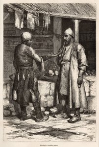 Um comerciante persa e fabricante de mulas numa aldeia da Arménia, gravado após um desenho do autor, ilustrando a viagem no Lazistão e na Arménia, de Theophile Deyrolles, em 1869, publicado em "Le tour du monde" 1875, editado por Edouard Charton, Hache