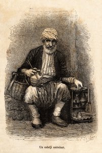 Um vendedor de café (cafedji) viajando, no bazar de Trebizonde (atual Trabzon, na costa do Mar Negro), gravando após um desenho do narrador, ilustrando uma viagem ao Lazistão e Armênia, de 1869, por Theophile Deyrolle, publicado em "Le to