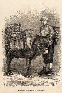Um comerciante de carvão, com o seu burro, em Djewilisk (Anatólia do Norte), gravado após um desenho do narrador, ilustrando uma viagem no Lazistão e Arménia, de 1869, de Theophile Deyrolle, publicado em "Le tour du monde" 1875, editado por Edouard Charton