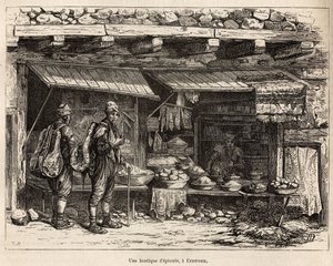 Uma mercearia em Erzeroum (Armênia), gravada após um desenho do autor, ilustrando a viagem no Lazistão e Armênia, de Theophile Deyrolles, em 1869, publicado em "Le tour du monde" 1875, editado por Edouard Charton, edição Hachette, Paris.