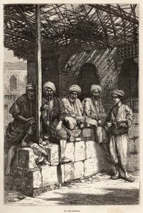 Um café armênio, um lugar de convívio masculino, para beber café e fumar o cachimbo, gravado após um desenho do autor, ilustrando a viagem no Lazistão e Armênia, de Theophile Deyrolles, em 1869, publicado em "Le tour du monde" 1875, e