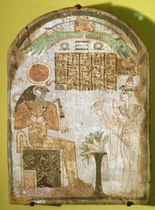 Stela representando Tachenes rezando diante do deus Re-Horakhty, 900 aC (madeira pintada)