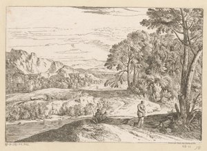 Paisagem da Arcádia com um pescador por um riacho Suite de Paysages (título da série)