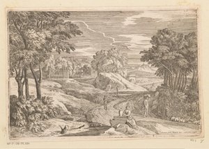 Paisagem arcadiana com uma mulher sentada perto de uma jarra e outras figuras
Suite de Paysages (título da série)