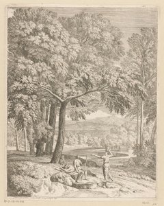 Paisagem da Arcádia com dois homens e uma mulher carregando uma cesta Suite de paysages (título da série)