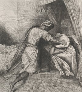 Ele a sufoca: placa 13 do Ato 5 de Otelo, Cena 2, gravada em 1844, reimpressa em 1900. de Théodore Chassériau