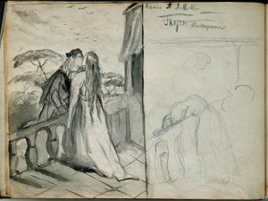 Les lovers Romeu et Julieta Ilustração da peça homônima de William Shakespeare (1564-1616) representando os amantes que se beijam na varanda. Esboço de Theodore Chasseriau (1819-1856) Paris. Museu do Louvre de Théodore Chassériau