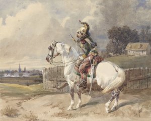 Dragão francês sobre um cavalo branco, virado à esquerda, de perfil de Théodore Fort (signed by artist)