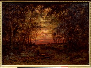 Pôr-do-sol na floresta Pintura por Theodore Rousseau (1812-1867) Século XIX Escola Barbizon. Dim. 0,46x0,62m. Óleo sobre tela...