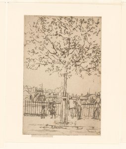 Seis figuras em uma cerca ao longo de um rio, em primeiro plano uma árvore Chelsea Embankment, junho, 17h, 1889 de Théodore Roussel (signed by artist)