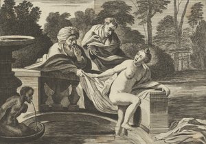 Susanna, parcialmente nua e saindo de uma fonte com dois anciãos à esquerda, um o..., ca. 1656-60.
