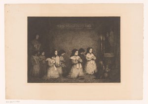 Grupo de meninas em oração em frente a uma estátua de Maria La Priere (título no objeto) Eaux-Fortes Modernes: Originales et Inédites (título da série)