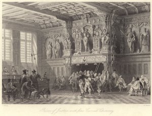 Palácio da Justiça, com chaminé esculpida fina, Bruges (gravura) de Thomas (after) Allom
