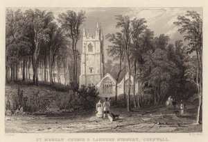 Igreja St Mawgan e Lanhern Nunnery, Cornualha (gravura) de Thomas (after) Allom