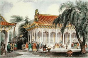 O Salão do Público no Palácio do Yuen-ming-Yuan, Pequim, c.1850 (cor litho) de Thomas (after) Allom