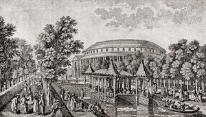 Ranelagh Gardens, Chelsea, Londres, Inglaterra. O exterior da Rotunda em Ranelagh Gardens, a "Casa Chinesa", e parte do terreno, após a gravura de Thomas Bowles de Thomas (after) Bowles