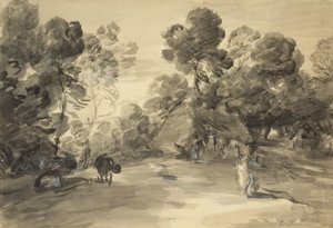 Paisagem arborizada com figuras, cabana e vaca, c.1785 (lave e giz com guache no papel) de Thomas (after) Gainsborough
