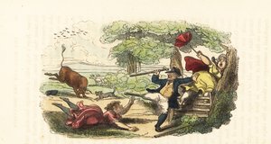 Uma família de botânicos atacada por um touro em um campo. ,1831 (gravura) de Thomas (after) Rowlandson