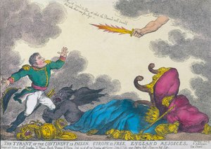 Desenho animado a celebrar a abdicação de Napoleão em 1814