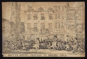 Procissão do Mestre Billy ao Grocers Hall; sátira política sobre a procissão de William Pitt, o Jovem, ao Grocers Hall para receber a liberdade da cidade de Londres de Thomas (after) Rowlandson