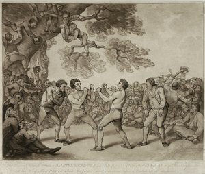 O Jogo de Boxe entre Daniel Mendoza e Richard Humphreys em Stilton, Huntingdonshire, 6 de maio de 1789, gravado por Joseph Grozer (c.1755-99) (gravura) de Thomas (after) Rowlandson