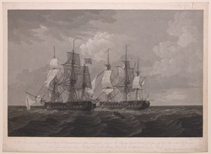 Esta placa, que representa a fragata francesa La Proserpine, de 40 canhões, batendo com as suas cores na fragata Dryad, de 36 canhões, de Sua Majestade, ao largo de Cape Clear, em 13 de junho de 1796, é dedicada ao capitão Amelius Beauclerk. Lord Amelius B de Thomas (after) Whitcombe