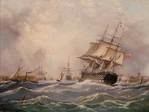 Navio de guerra britânico ao largo de Portsmouth de Thomas (attr. to) Buttersworth