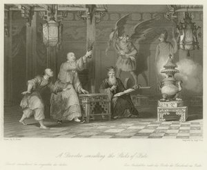 Um devoto consultando os Sticks of Fate de Thomas Allom