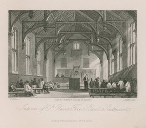 Interior da Escola Livre de St Olave de Thomas Allom
