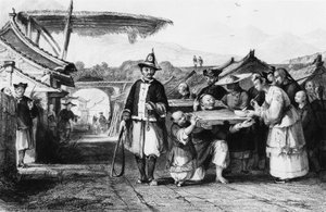 Castigo usando tcha ou cangue (jugo de madeira ou pelourinho), gravura de Thomas Allom (1804-1872) do Império Chinês de Thomas Allom