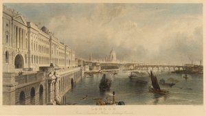 Vista de Londres, Inglaterra, a partir do edifício Somerset House Marine, com a Catedral de São Paulo e a Ponte de Londres. Litografia de Thomas Allom