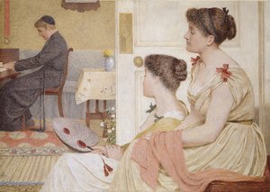 Cena da sala de desenho com um jovem padre no piano, final do século 19