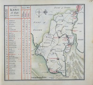 Kent, placa 39r, de A Compleat Sett de Mapps da Inglaterra e País de Gales em General ..., 1724 (caneta e tinta e wc no papel)
