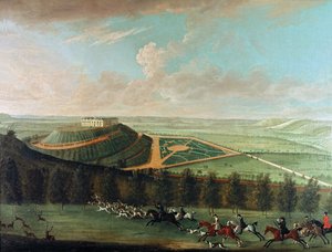 Vista do Castelo Belvoir do Sudoeste, com Belvoir Hunt in Full Cry, 1730