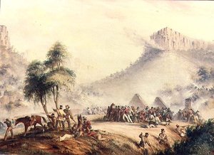 Ataque de Patrulha do Coronel Yarborough em Waterkloof por Kaffir e Rebelde Hottentots de Thomas Baines