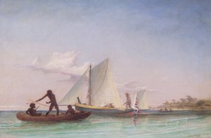O Longo Barco do Mensageiro atacado pelos nativos de Thomas Baines