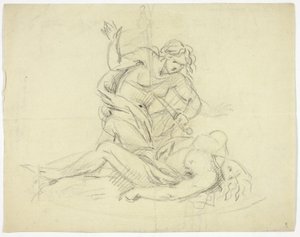 Píramo e Tisbe (à direita); Três Figuras Masculinas com Planta Baixa do Mausoléu (verso) de Thomas Banks